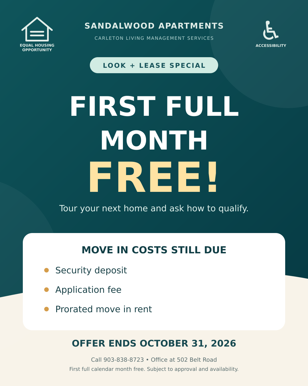 Sandalwood Apartments look and lease special: first full month free. Offer ends October 31, 2026.